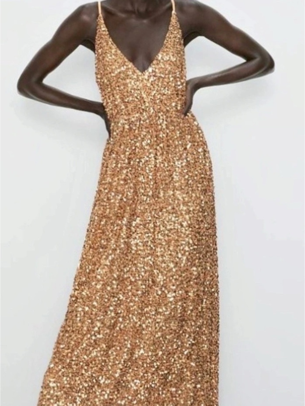 Zara Gold Sequin Slip Maxi Dress in Brown